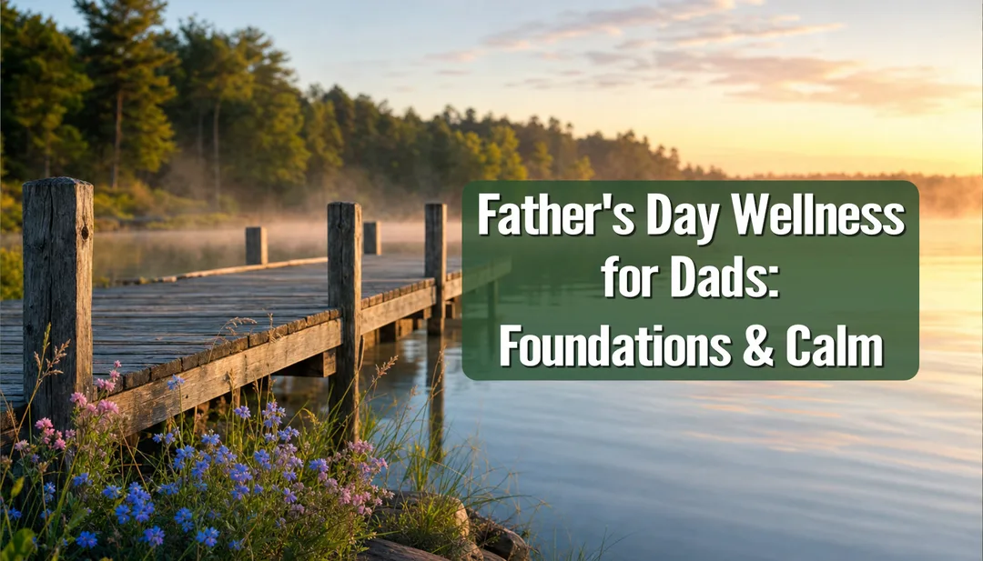 Misty lakeside dock at sunrise with purple and blue wildflowers in the foreground, surrounded by evergreen forest. Overlay promotes professional-grade supplements through Fullscript with 25% discount and free shipping offer.