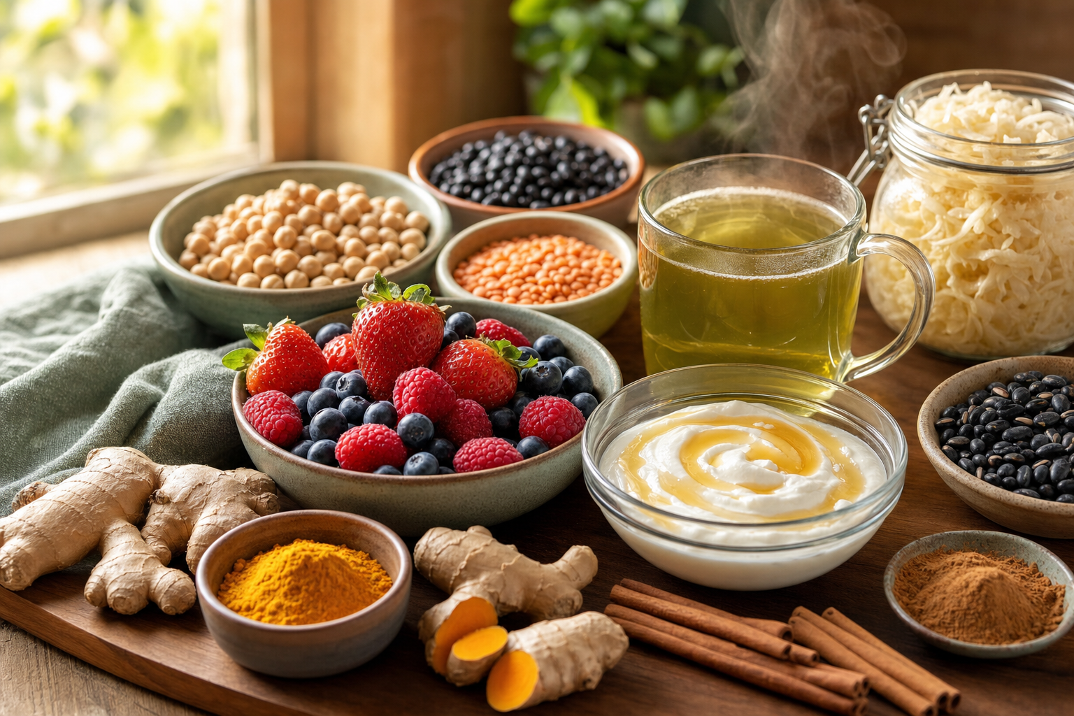 Colorful arrangement of GLP-1 supporting foods including mixed berries, turmeric root, ginger, Greek yogurt, green tea, cinnamon sticks, legumes, and sauerkraut on a warm natural wood surface