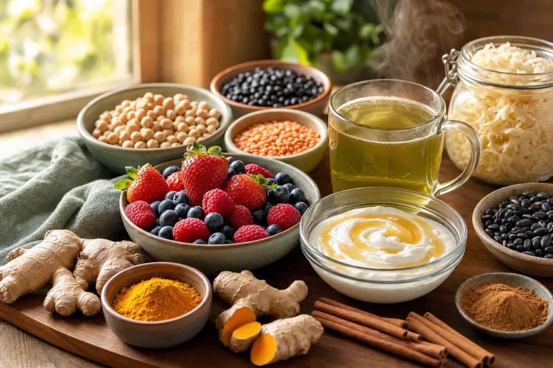Colorful arrangement of GLP-1 supporting foods including mixed berries, turmeric root, ginger, Greek yogurt, green tea, cinnamon sticks, legumes, and sauerkraut on a warm natural wood surface
