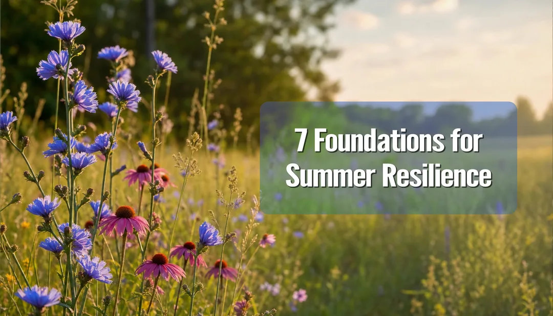 A sunlit summer nature scene with wildflowers in soft focus, open sky and negative space for text overlay, evoking warmth and outdoor wellness.