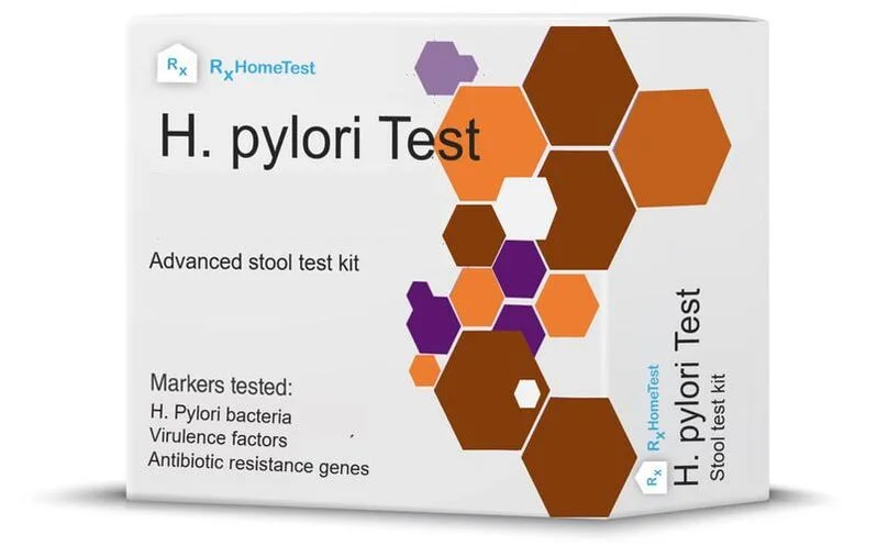 Alt text: H. Pylori At-Home Stool Test kit by RxHomeTest -- CLIA-certified, physician-reviewed results for Helicobacter pylori bacteria, virulence factors, and antibiotic resistance genes.