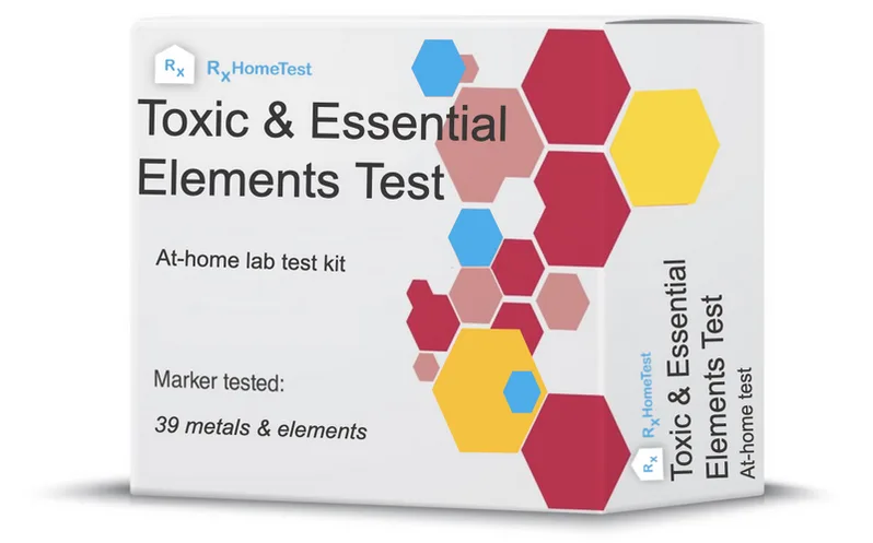 RxHomeTest Toxic & Essential Elements Test at-home lab test kit box. White packaging with colorful hexagonal design in red, pink, yellow, and blue. Text on box reads: 