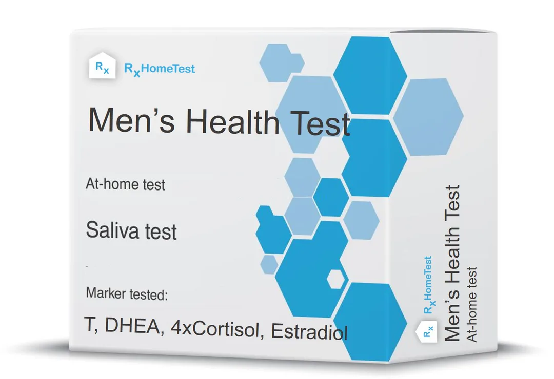 RxHomeTest Men's Health Test product box showing at-home saliva kit with T, DHEA, 4x cortisol, and estradiol markers
