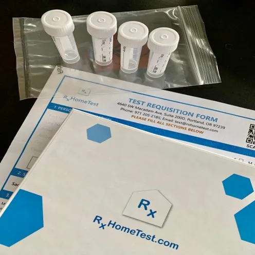 Sleep & Stress Test product packaging showing four saliva collection tubes for at-home cortisol and melatonin testing.