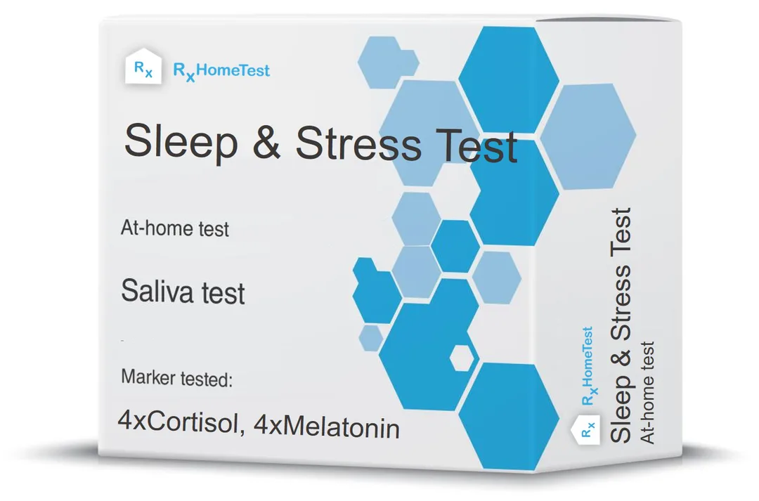 RxHomeTest Men's Health Test product box showing at-home saliva kit with T, DHEA, 4x cortisol, and estradiol markers