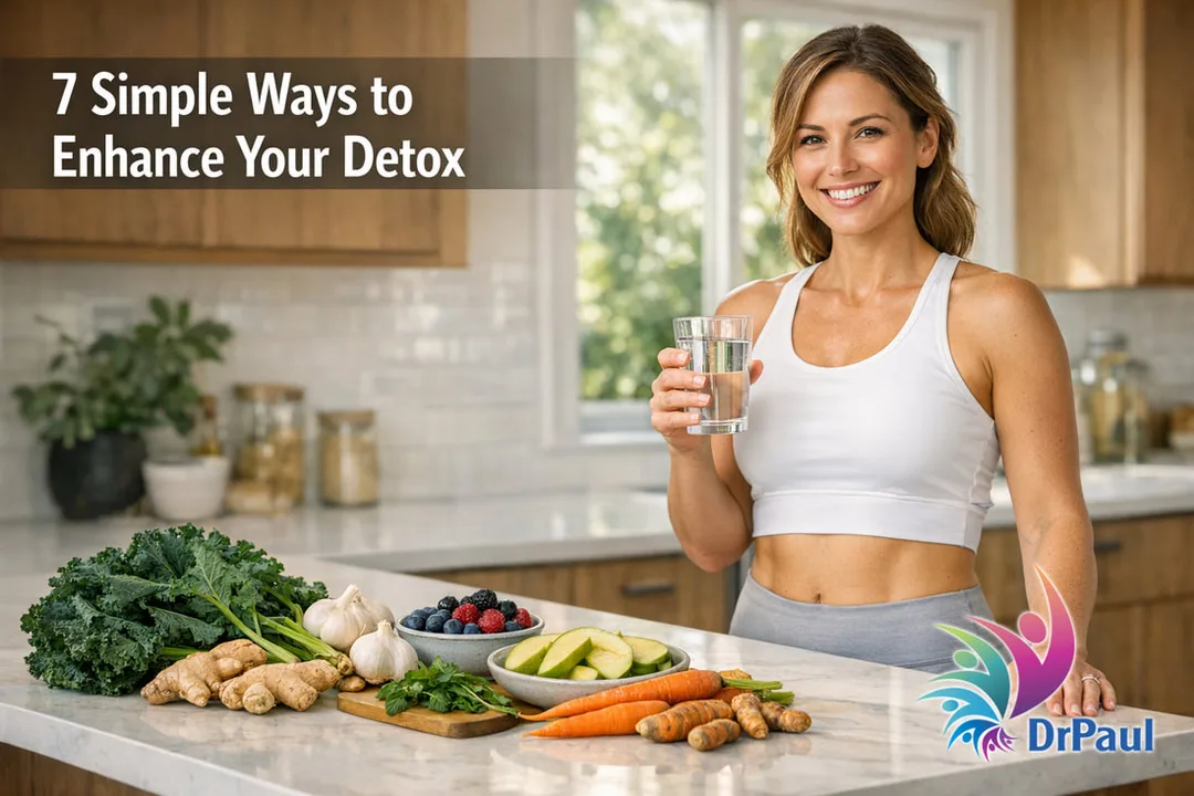 A smiling woman in a white athletic top and gray leggings stands at a bright kitchen island holding a glass of water, surrounded by whole foods including kale, ginger, garlic, carrots, turmeric, berries, and sliced cucumber. Text overlay reads 